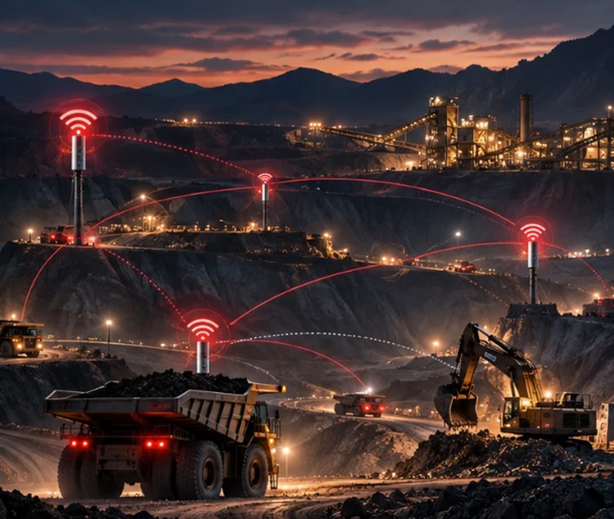 Mina a cielo abierto de noche con camiones y excavadora comunicados por una red mesh inalámbrica
